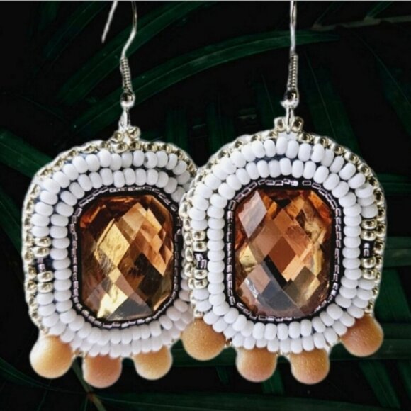 2/$27 | Orange + White Beaded Bohemian Indigenous Hoop Earrings | Handmade - Picture 3 of 7